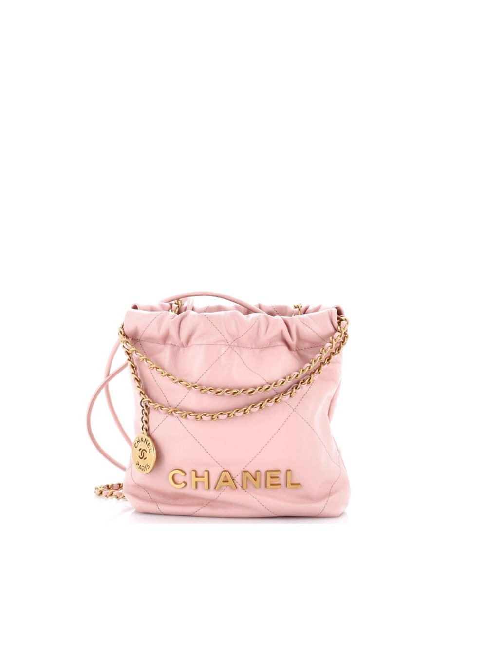 CHANEL Light Pink Quilted Drawstring Shoulder Bag with Gold Chain